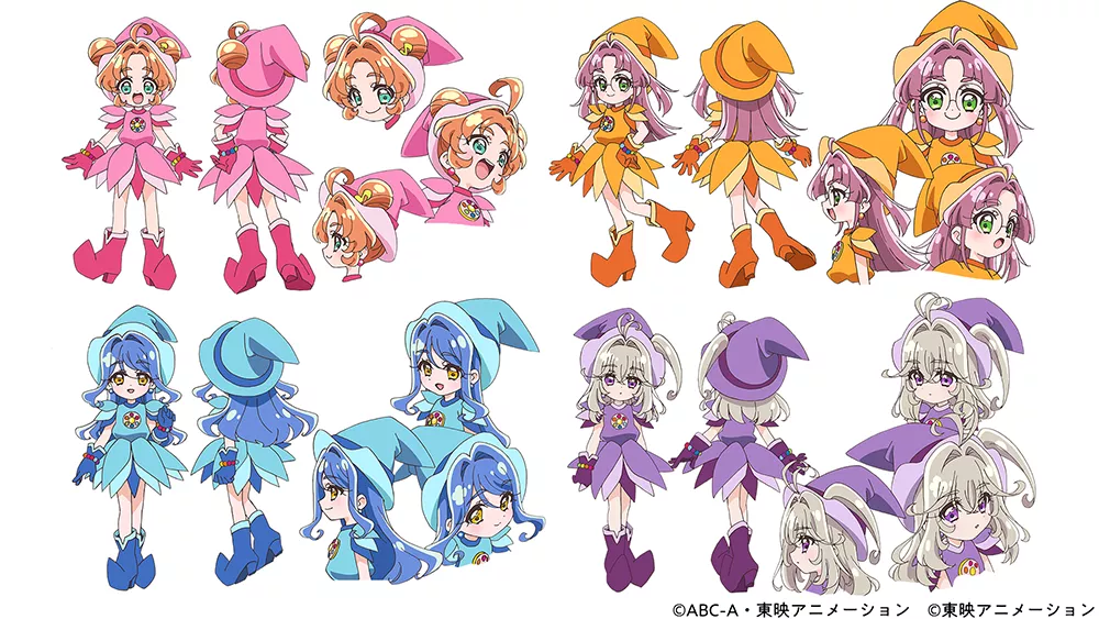 Официальные дизайны четырёх героинь Star Detective Precure! в костюмах ведьм-учениц Ojamajo Doremi